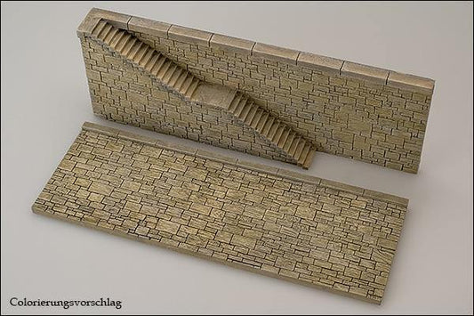 2 Stück niedrige Natursteinmauer mit Treppe, Spur 0 - Langmesser-Modellwelt - Langmesser-Modellwelt